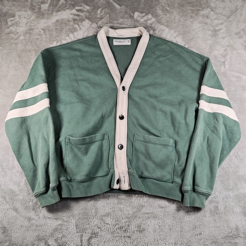 Abercrombie Fitch Cardigan Mens Medium Green Oversized Fleece Varsity Preppy